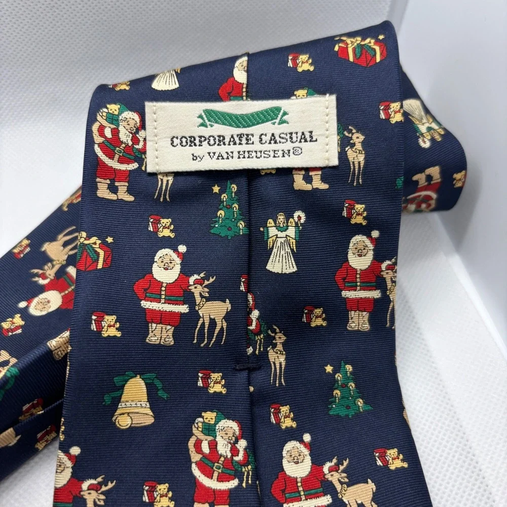 Van Heusen‎ Necktie Mens Navy Blue Christmas Santa Silk Holiday Tie Retro Style
